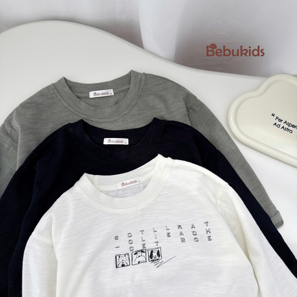 Áo thu đông bé gái, bé trai basic hoạ tiết chữ cute, chất cotton mềm mịn co giãn, bé mặc đi học đi chơi Miniumbaby A2138