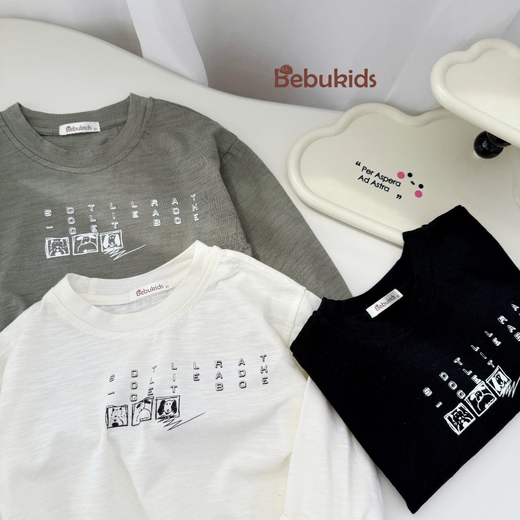 Áo thu đông bé gái, bé trai basic hoạ tiết chữ cute, chất cotton mềm mịn co giãn, bé mặc đi học đi chơi Miniumbaby A2138