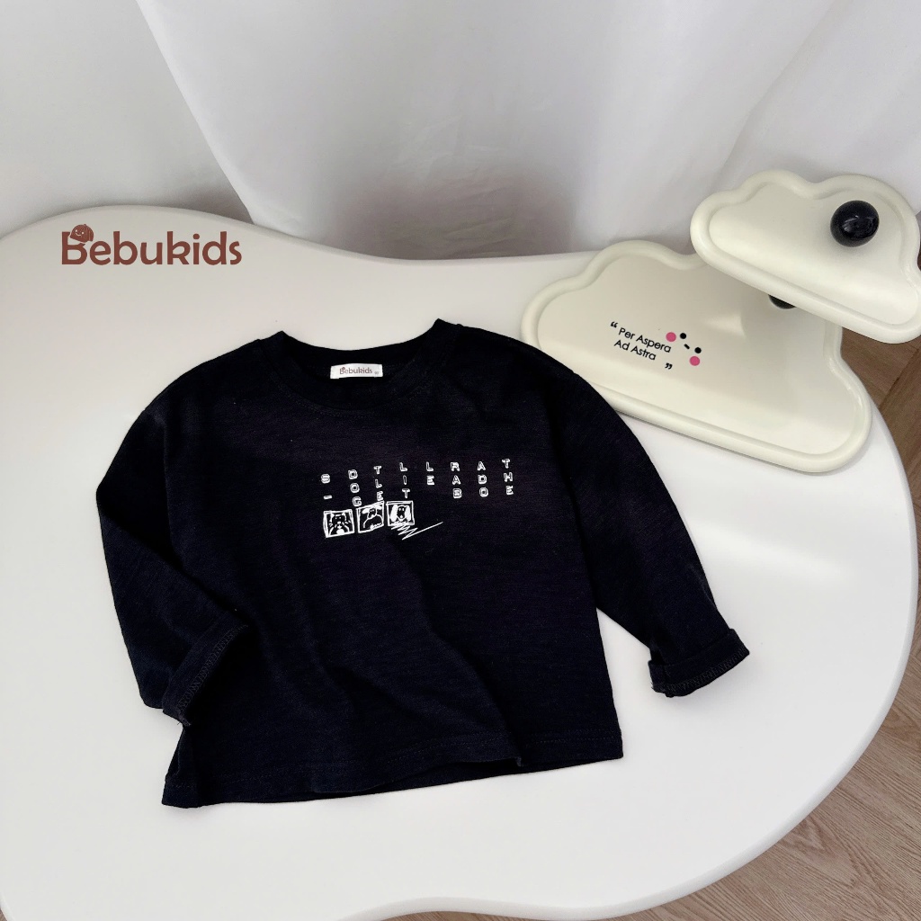 Áo thu đông bé gái, bé trai basic hoạ tiết chữ cute, chất cotton mềm mịn co giãn, bé mặc đi học đi chơi Miniumbaby A2138