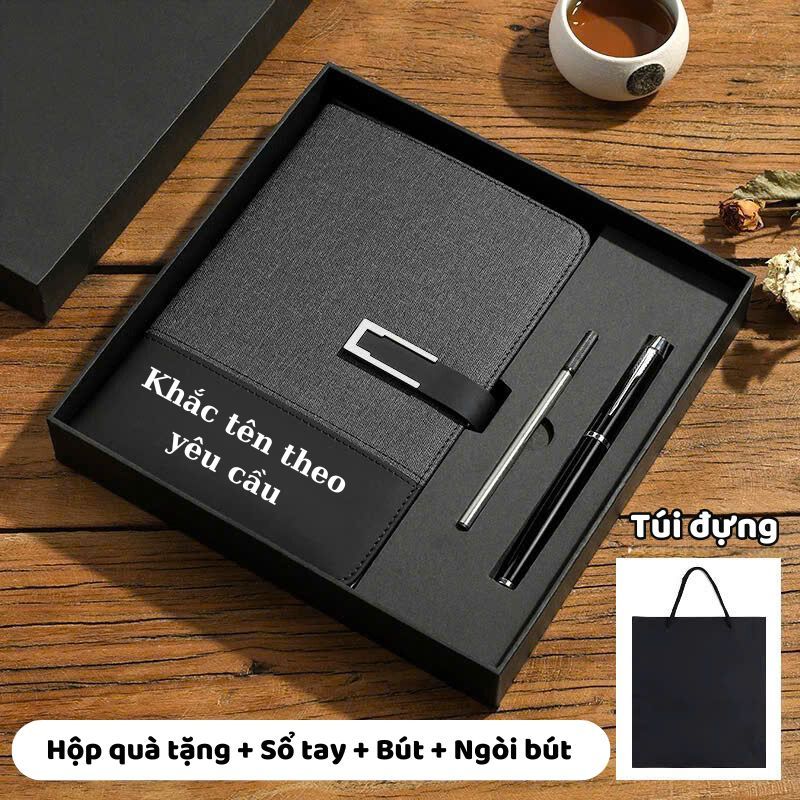 Set quà tặng Sổ tay KHẮC TÊN VÀ LOGO THEO YÊU CẦU khổ A5 kèm bút kim loại cao cấp (Hộp và Túi xách)