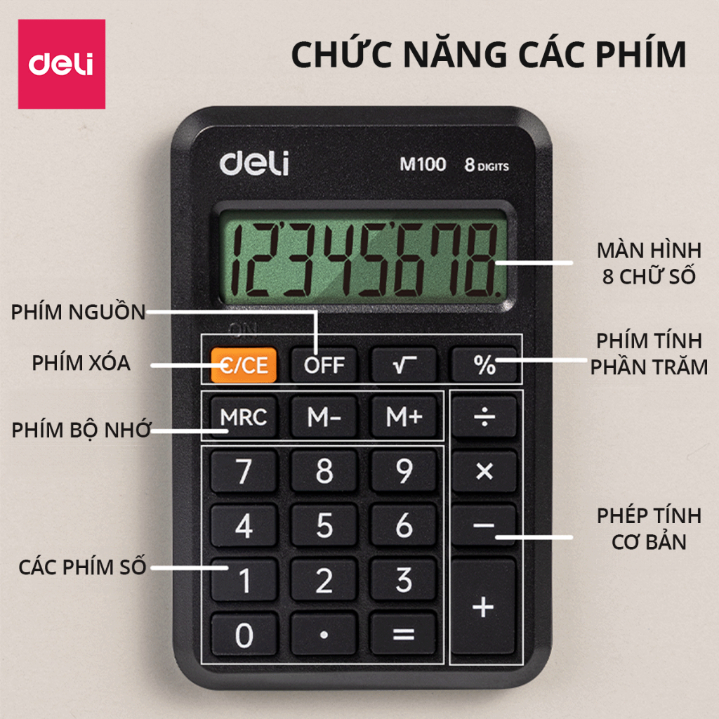 Máy Tính Cầm Tay Mini 8 Số Deli - Máy Tính Học Sinh Văn Phòng Màn Hình LCD Rõ Nét Nhỏ Gọn Tiện Lợi