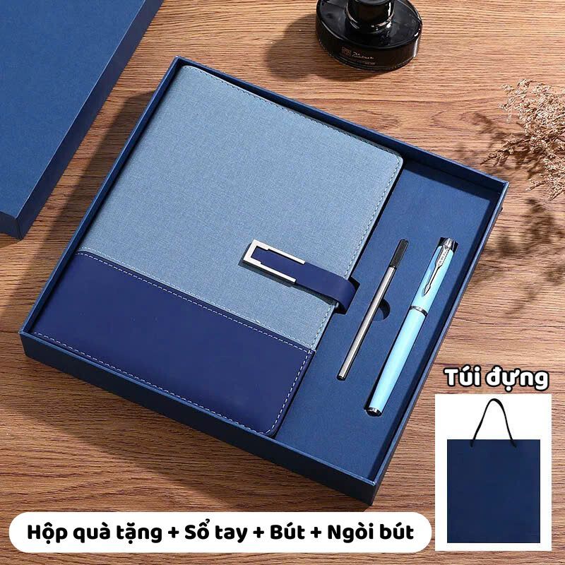 Set quà tặng Sổ tay KHẮC TÊN VÀ LOGO THEO YÊU CẦU khổ A5 kèm bút kim loại cao cấp (Hộp và Túi xách)