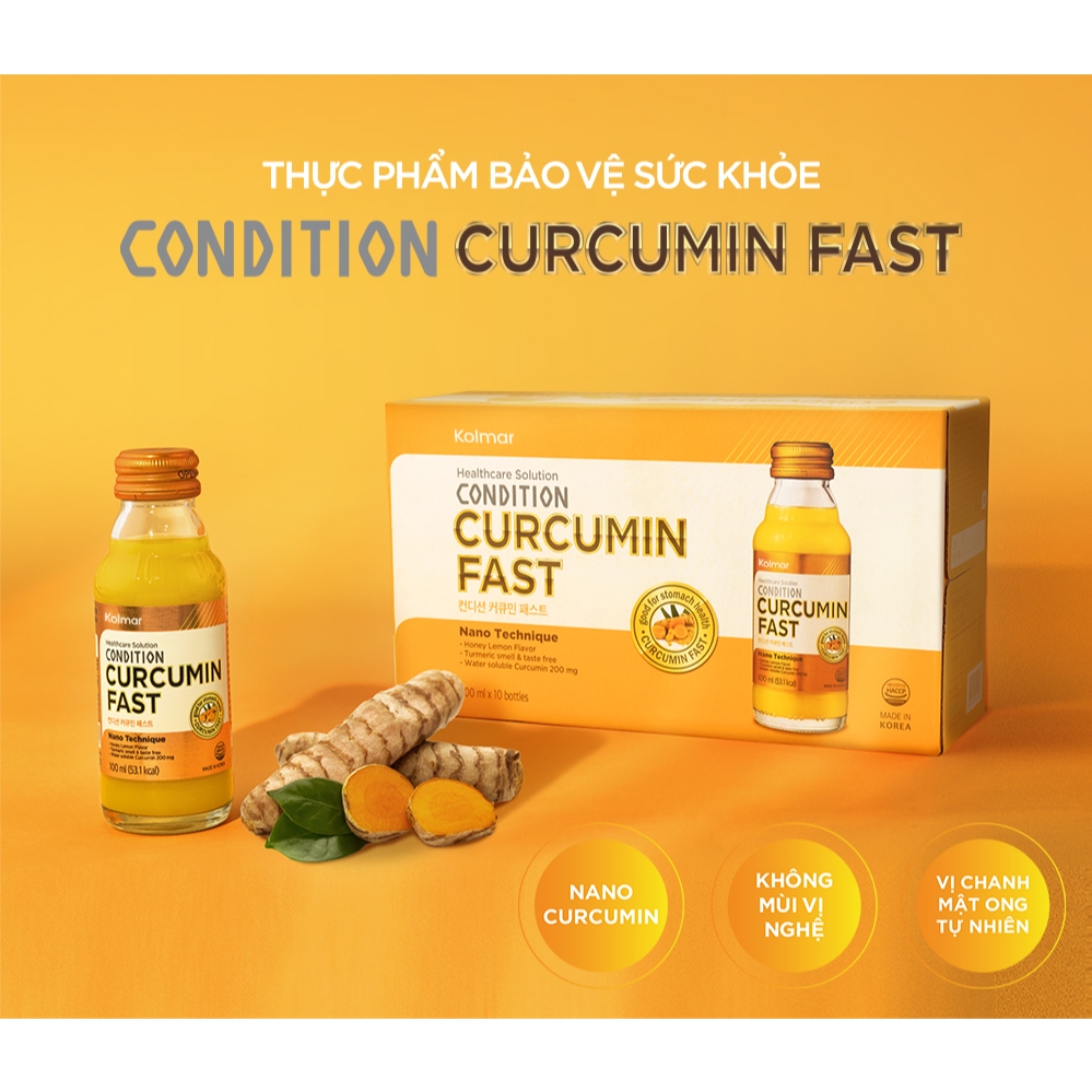 Nước Uống Tinh Chất Nghệ Nano CONDITION CURCUMIN FAST Giúp Bảo Vệ Niêm Mạc Dạ Dày - TPBVSK (Hộp 10 Chai x 100ml)