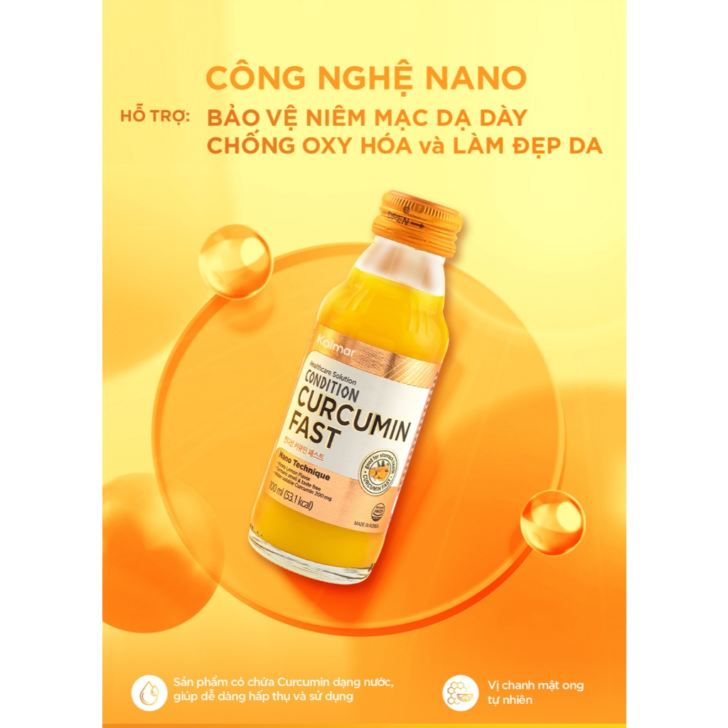Nước Uống Tinh Chất Nghệ Nano CONDITION CURCUMIN FAST Giúp Bảo Vệ Niêm Mạc Dạ Dày - TPBVSK (Hộp 10 Chai x 100ml)
