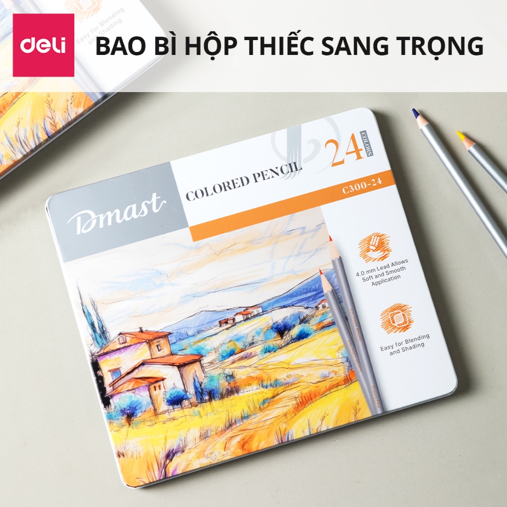 Bút Chì Màu Gốc Dầu/Gốc Nước 36 72 Màu Hộp Thiếc Cao Cấp Deli - Lõi 4mm Màu Đậm Mịn Vẽ Thiết Kế Tô Màu Chuyên Nghiệp
