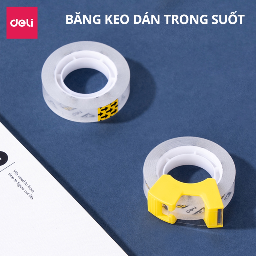 Set 2 Băng Dính Trong Suốt Deli - Băng Keo Đa Năng Kèm Dụng Cụ Cắt Băng Dính Cho Học Sinh Văn Phòng Nhỏ Gọn Dễ Mang Theo