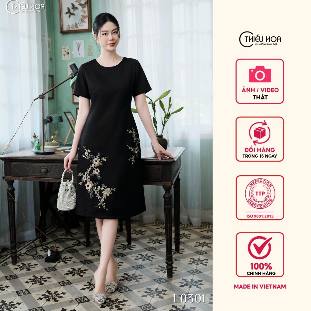 Đầm trung niên kiểu dáng sang trọng, chất liệu Vải Dệt dày dặn thương hiệu Thiều Hoa DD4L0301