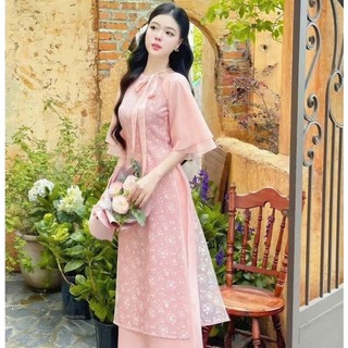 Set ÁO DÀI cách tân nữ màu sắc dịu dàng áo voan tơ in hoa 2 lớp cổ tròn cột nơ tay lỡ phối quần suông vải lụa xinh