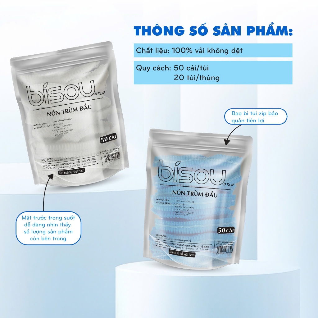Combo 3 túi 150 cái mũ trùm đầu y tế  hiệu BISOU