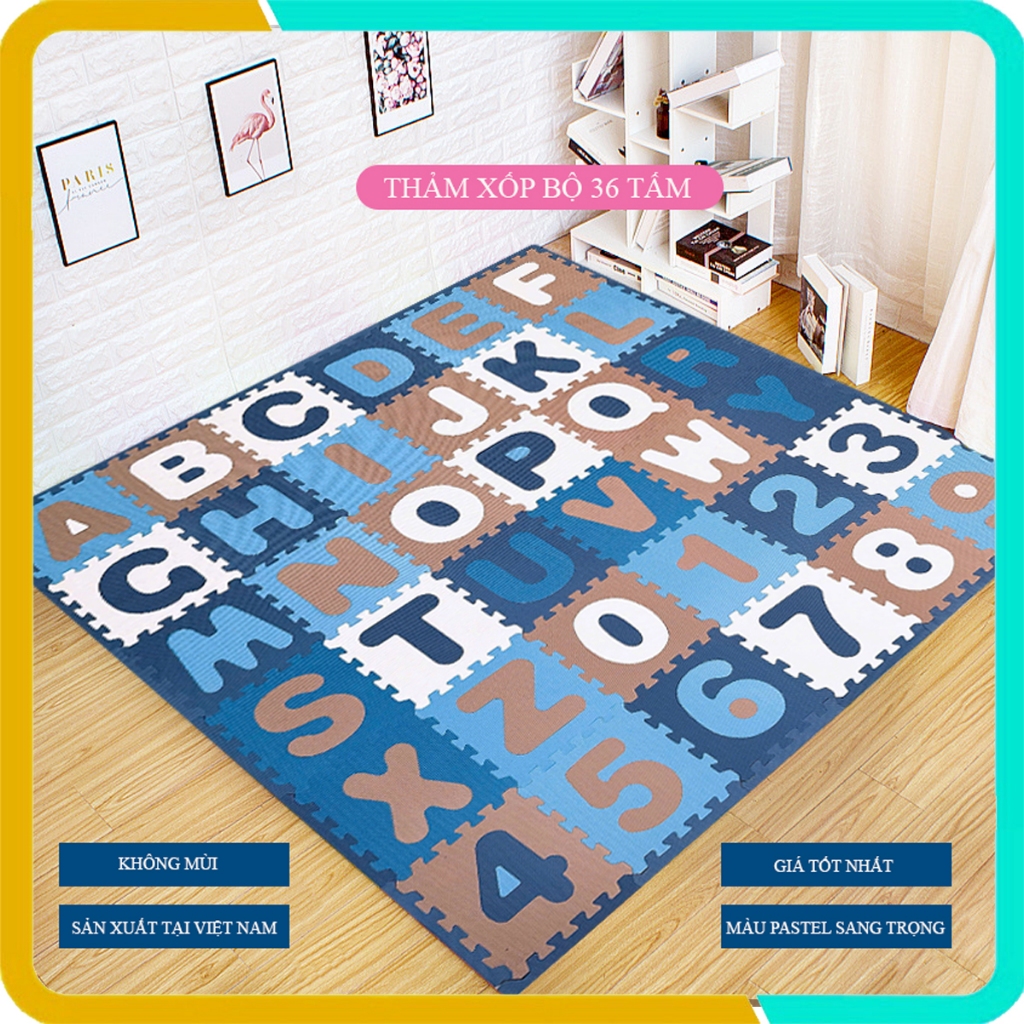 Thảm xốp cho bé 36 tấm (26 chữ cái + 10 chữ số)- Kích thước mỗi tấm 30x30x1cm-Nhiều màu lựa chọn