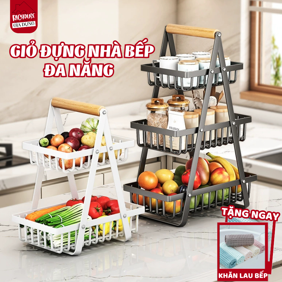 Giỏ Đựng Đồ Nhà Bếp Đa Năng 3 Tầng, Giỏ Đựng Gia Vị, Trái Cây, Decor Đa Năng Thép Cacbon Cao Cấp