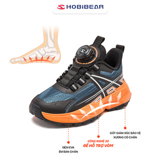 Giày thể thao trẻ em đế cao Hobibear GS8662 bền bỉ,  giày bóng rổ khóa xoay màu đen cam