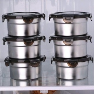 Hộp inox hình tròn dùng để đựng thực phẩm tiện lợi có kèm nắp,  SET 4 HỘP INOX NẮP ĐEN - HOP022