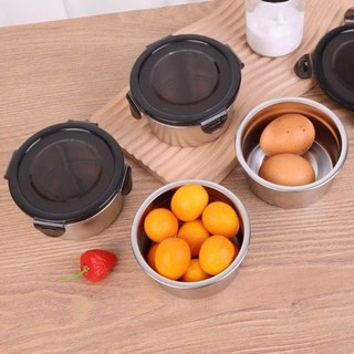 Hộp inox hình tròn dùng để đựng thực phẩm tiện lợi có kèm nắp,  SET 4 HỘP INOX NẮP ĐEN - HOP022