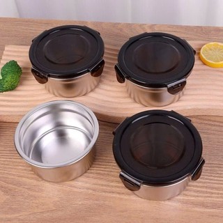 Hộp inox hình tròn dùng để đựng thực phẩm tiện lợi có kèm nắp,  SET 4 HỘP INOX NẮP ĐEN - HOP022