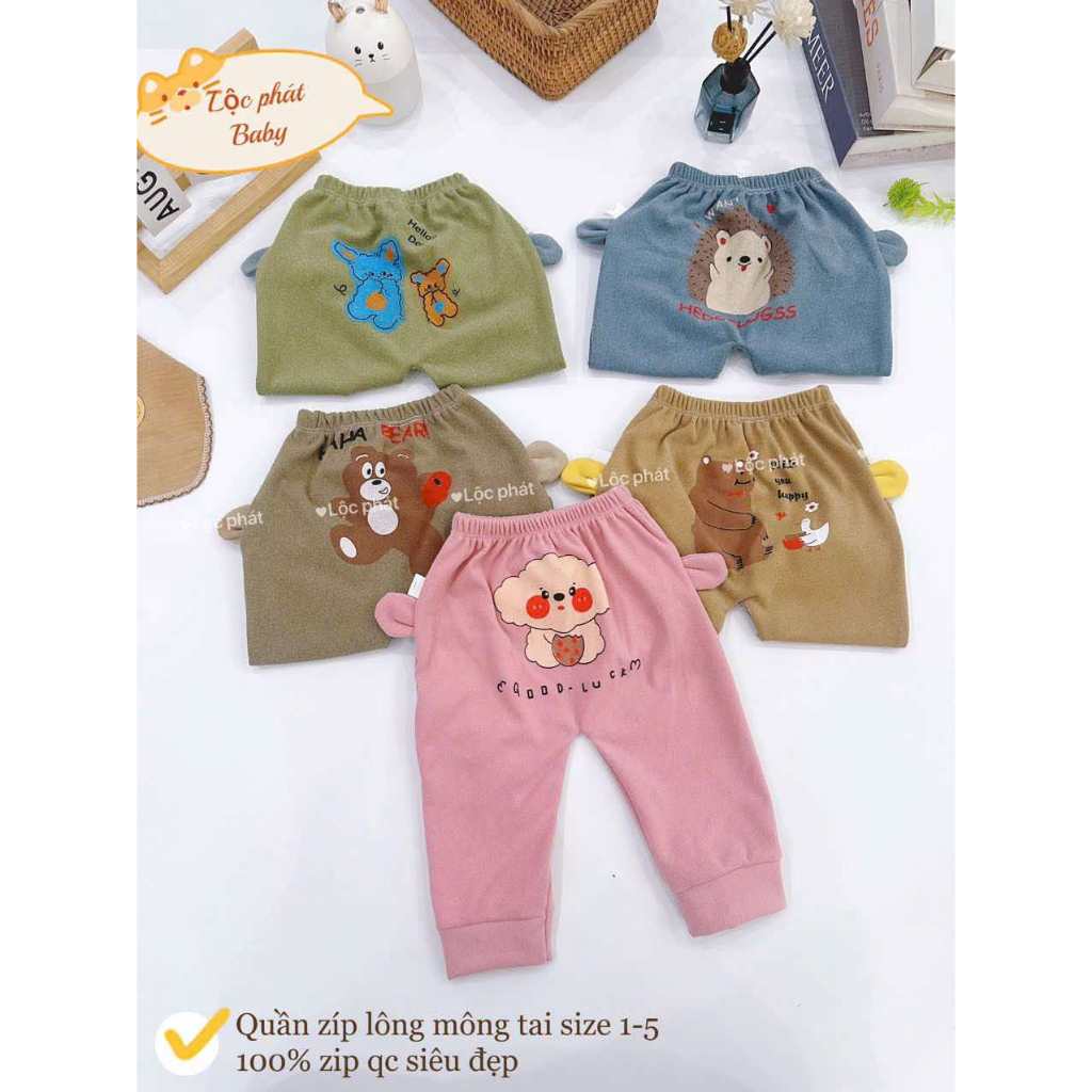 Combo 5 quần dài thu đông chất zip lông Mông Tai Thú cho bé từ 3-17kg