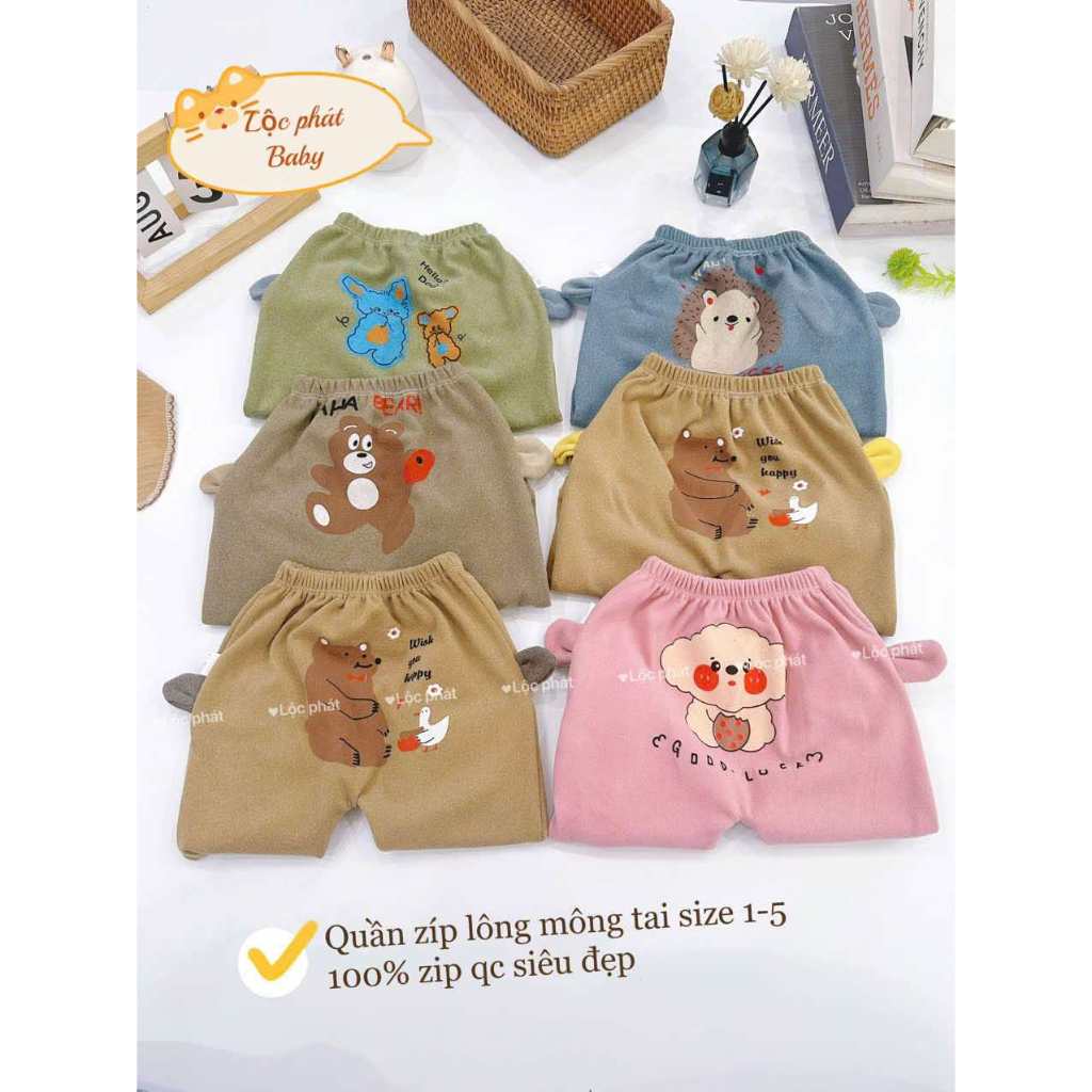 Combo 5 quần dài thu đông chất zip lông Mông Tai Thú cho bé từ 3-17kg