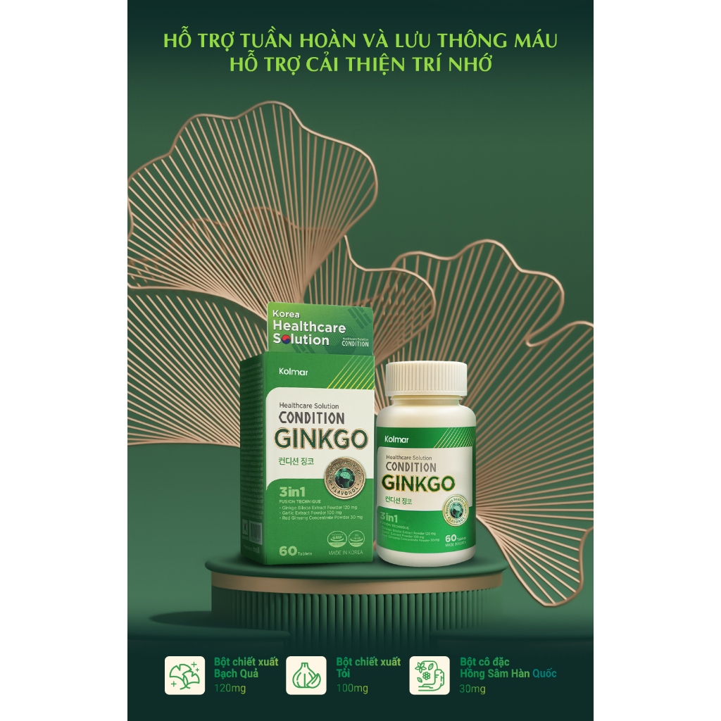 Viên Uống Bổ Não CONDITION GINKGO Hỗ Trợ Tăng Tuần Hoàn, Lưu Thông Máu - Hộp 60 viên - Thực Phẩm Bảo Vệ Sức Khoẻ