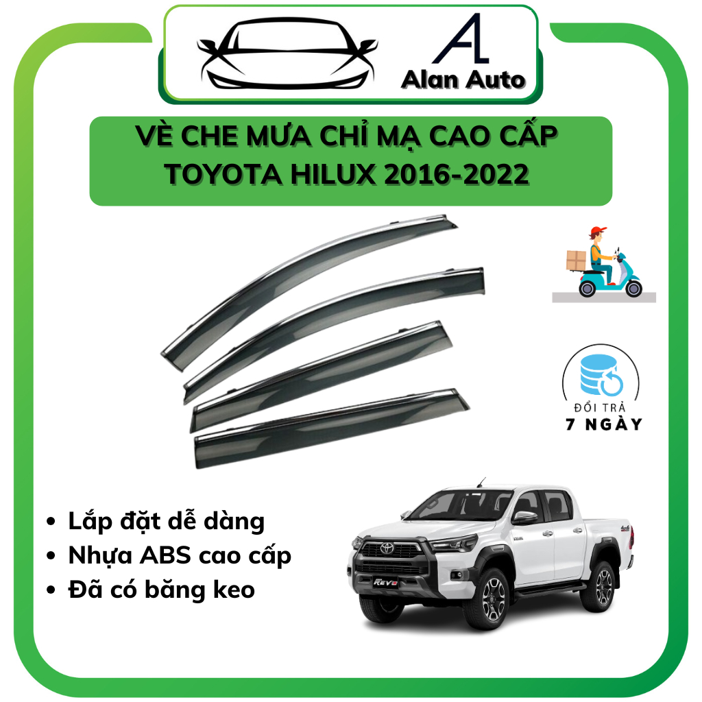 Bộ vè che mưa chỉ mạ xe Toyota Hilux Revo 2016-2022, Chất liệu nhựa abs viền mạ crom cao cấp