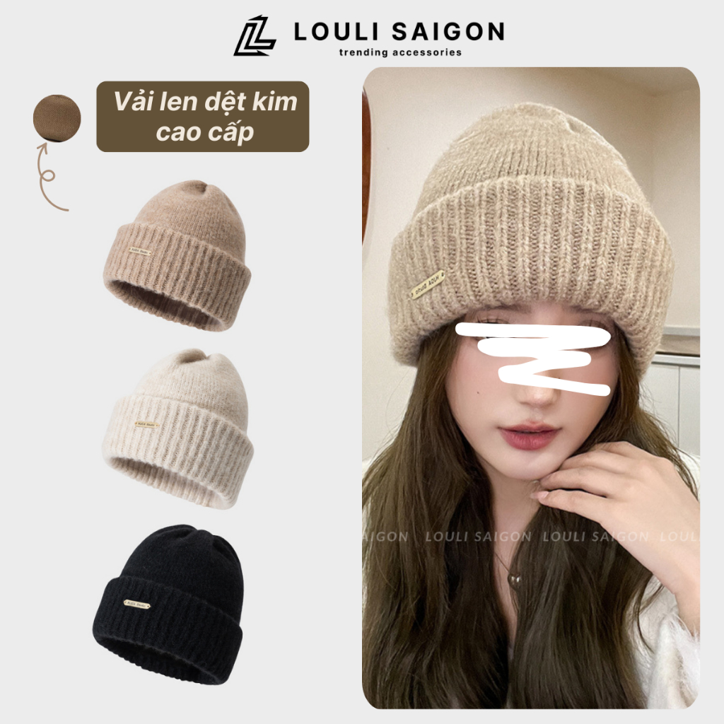 Mũ len nam nữ cao cấp LOULI SAIGON, nón len trơn dệt kim dày dặn phối ...
