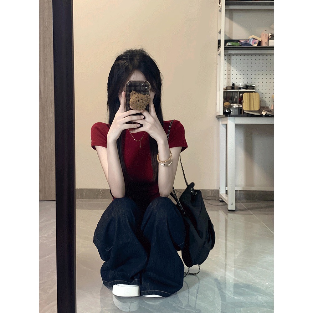 Quần Jean Nữ Xanh Than Đậm Chỉ Nổi Dáng Suông Ống Rộng 28CM Quần Bò Jean Mềm Chỉ Nổi Lưng Cao Ôm Eo Tôn Dáng MIAA