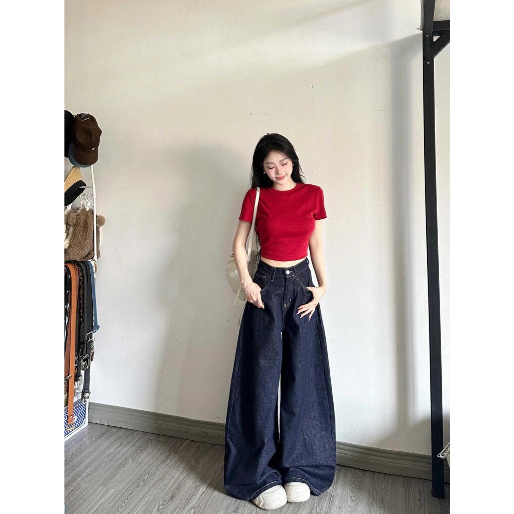 Quần Jean Nữ Xanh Than Đậm Chỉ Nổi Dáng Suông Ống Rộng 28CM Quần Bò Jean Mềm Chỉ Nổi Lưng Cao Ôm Eo Tôn Dáng MIAA