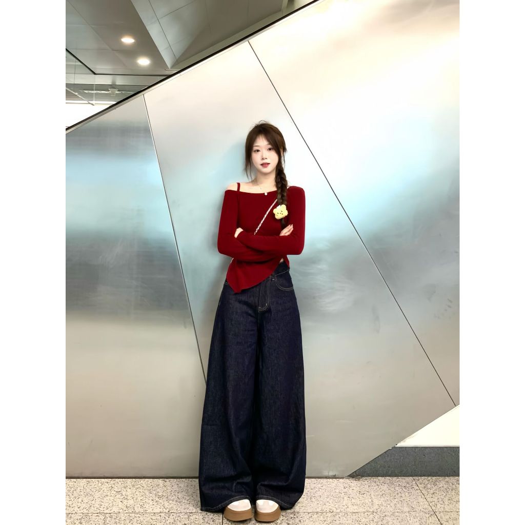 Quần Jean Nữ Xanh Than Đậm Chỉ Nổi Dáng Suông Ống Rộng 28CM Quần Bò Jean Mềm Chỉ Nổi Lưng Cao Ôm Eo Tôn Dáng MIAA