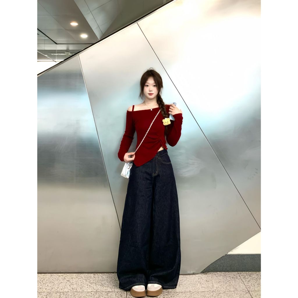 Quần Jean Nữ Xanh Than Đậm Chỉ Nổi Dáng Suông Ống Rộng 28CM Quần Bò Jean Mềm Chỉ Nổi Lưng Cao Ôm Eo Tôn Dáng MIAA