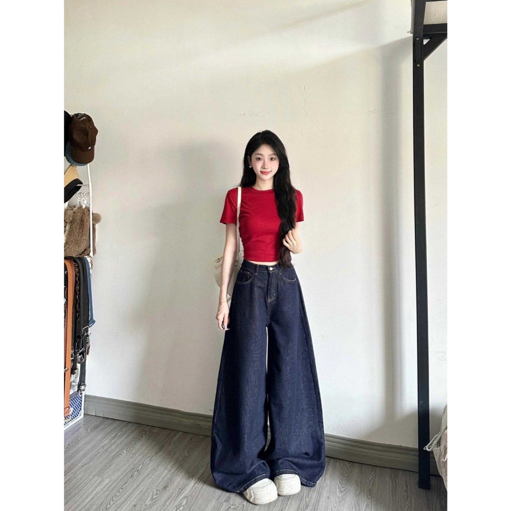 Quần Jean Nữ Xanh Than Đậm Chỉ Nổi Dáng Suông Ống Rộng 28CM Quần Bò Jean Mềm Chỉ Nổi Lưng Cao Ôm Eo Tôn Dáng MIAA