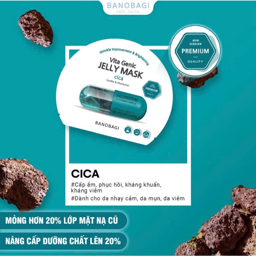 Mặt Nạ Dưỡng Da BANOBAGI PREMIUM Vita Genic Jelly Mask Cica 30ml (Xanh Ngọc) Phục Hồi Da, Kháng Khuẩn Kháng Viêm