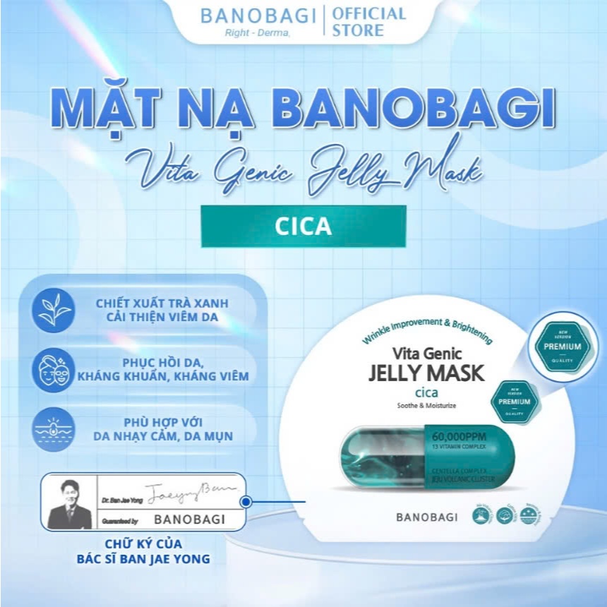 Mặt Nạ Dưỡng Da BANOBAGI PREMIUM Vita Genic Jelly Mask Cica 30ml (Xanh Ngọc) Phục Hồi Da, Kháng Khuẩn Kháng Viêm