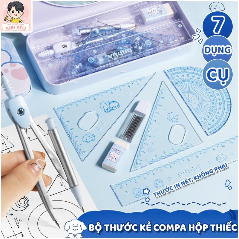 Bộ Đồ Dùng Học Tập 7 Món Hộp Thiếc Thước Kẻ, Compa, Eke Dễ Thương Cute ...