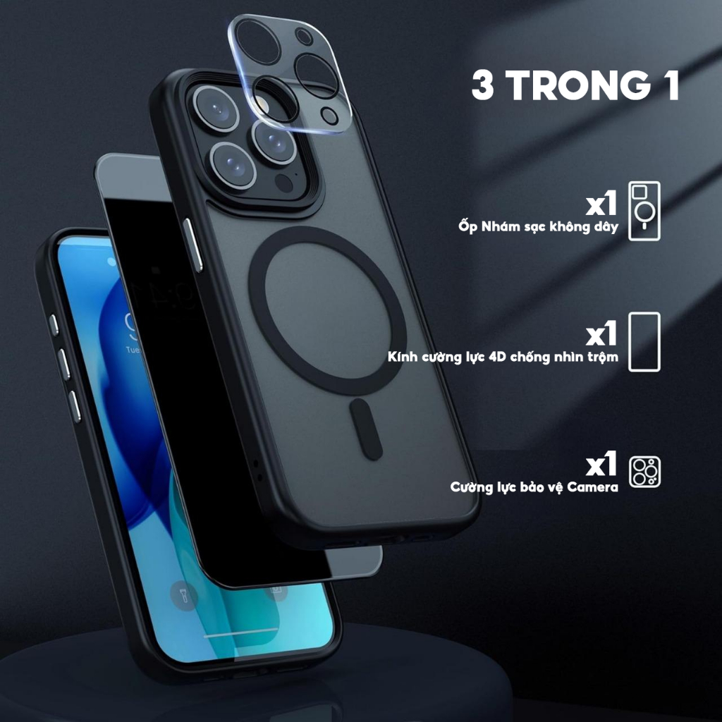 Ảnh 𝗖𝗢𝗠𝗕𝗢 - Ốp LIKGUS Nhám Sạc Không Dây, Chống Sốc, Chống Vân Tay + Kính Cường Lực Chống Nhìn Trộm + Bảo Vệ Camera 1