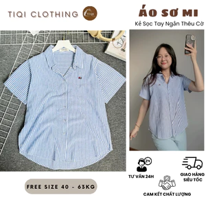 Áo Sơ Mi Nữ Kẻ Sọc Tay Ngắn Thêu Hình Xinh Xắn Chất Liệu Cotton Đũi Mềm Nhẹ Mát
