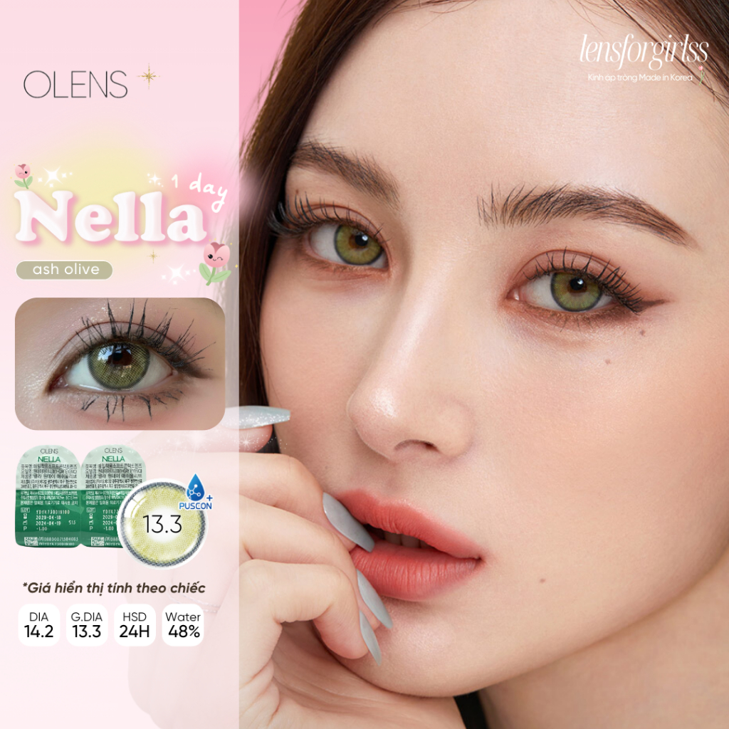 (OLENS) Lens 1 ngày | Kính áp tròng GIÃN TRÒNG xanh oliu NELLA ASH ...