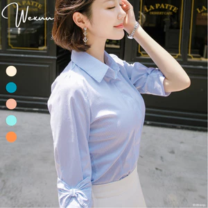 Áo sơ mi kẻ nữ công sở Wexuu Design áo kiểu tay lỡ phối nơ dễ thương chất Kate cao cấp - BS07