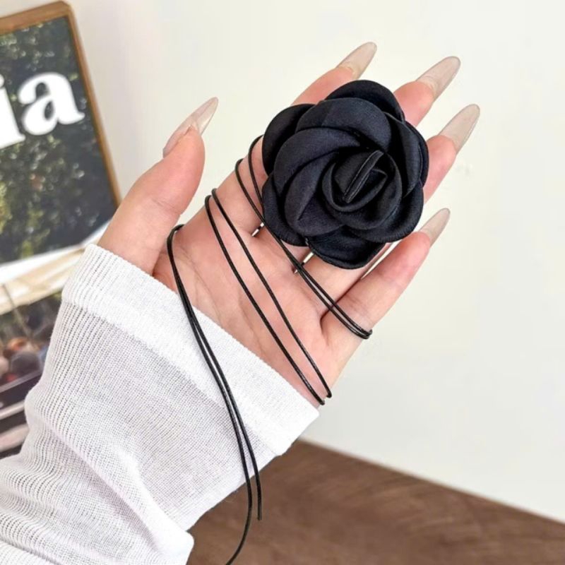 Vòng cổ choker mặt hoa hồng lụa có dây buộc dài, Phụ kiện thời trang nữ xinh xắn