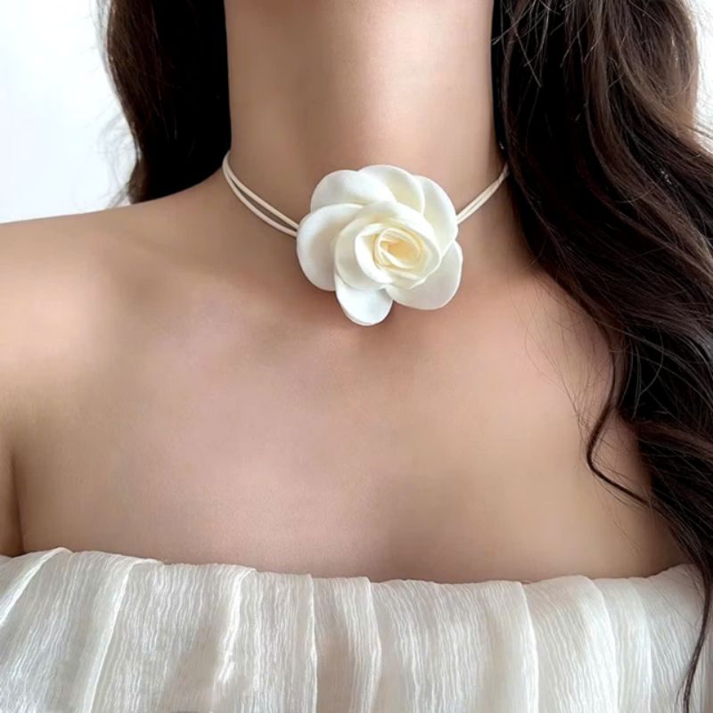 Vòng cổ choker mặt hoa hồng lụa có dây buộc dài, Phụ kiện thời trang nữ xinh xắn