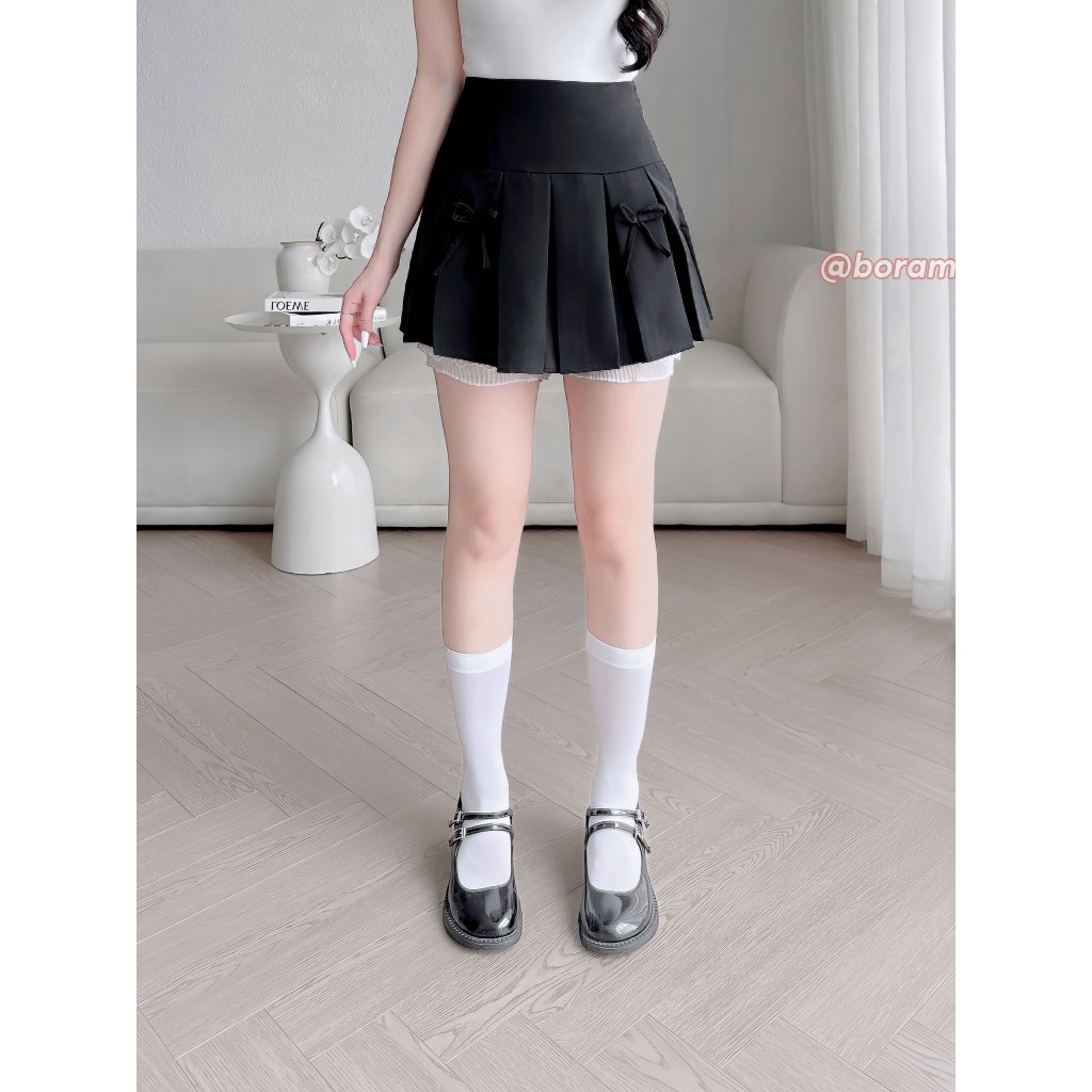 Chân váy nữ đính nơ, chân váy ren xếp ly BORAM SG