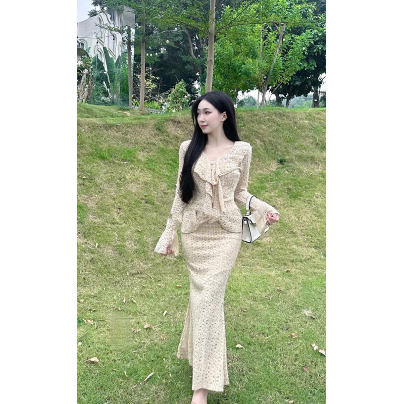 Set Váy Body Tay Loe Dài Nhún Bèo Siêu Tôn Dáng Dự Tiệc Đi Chơi Sang Trọng Size SM V797 AĐ BOUTIQUE | BigBuy360 - bigbuy360.vn