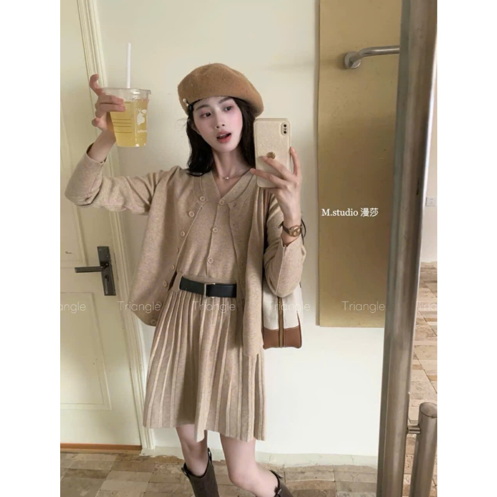Triangle -(Cân nhắc kỹ, return is not welcomed) M.studio Elegant Set đầm ngắn+áo cardigan+thắt lưng phong cách Hàn Quốc