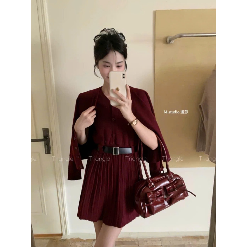 Triangle -(Cân nhắc kỹ, return is not welcomed) M.studio Elegant Set đầm ngắn+áo cardigan+thắt lưng phong cách Hàn Quốc