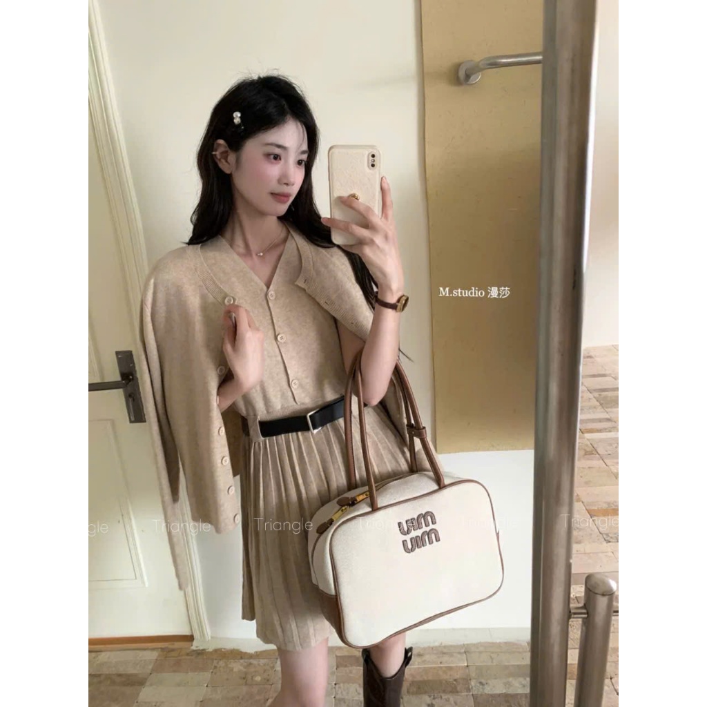 Triangle -(Cân nhắc kỹ, return is not welcomed) M.studio Elegant Set đầm ngắn+áo cardigan+thắt lưng phong cách Hàn Quốc
