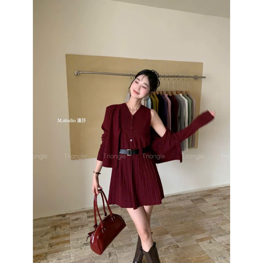 Triangle -(Cân nhắc kỹ, return is not welcomed) M.studio Elegant Set đầm ngắn+áo cardigan+thắt lưng phong cách Hàn Quốc