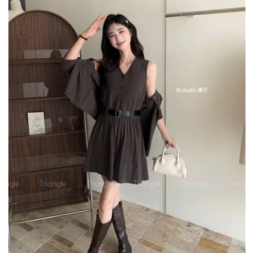 Triangle -(Cân nhắc kỹ, return is not welcomed) M.studio Elegant Set đầm ngắn+áo cardigan+thắt lưng phong cách Hàn Quốc