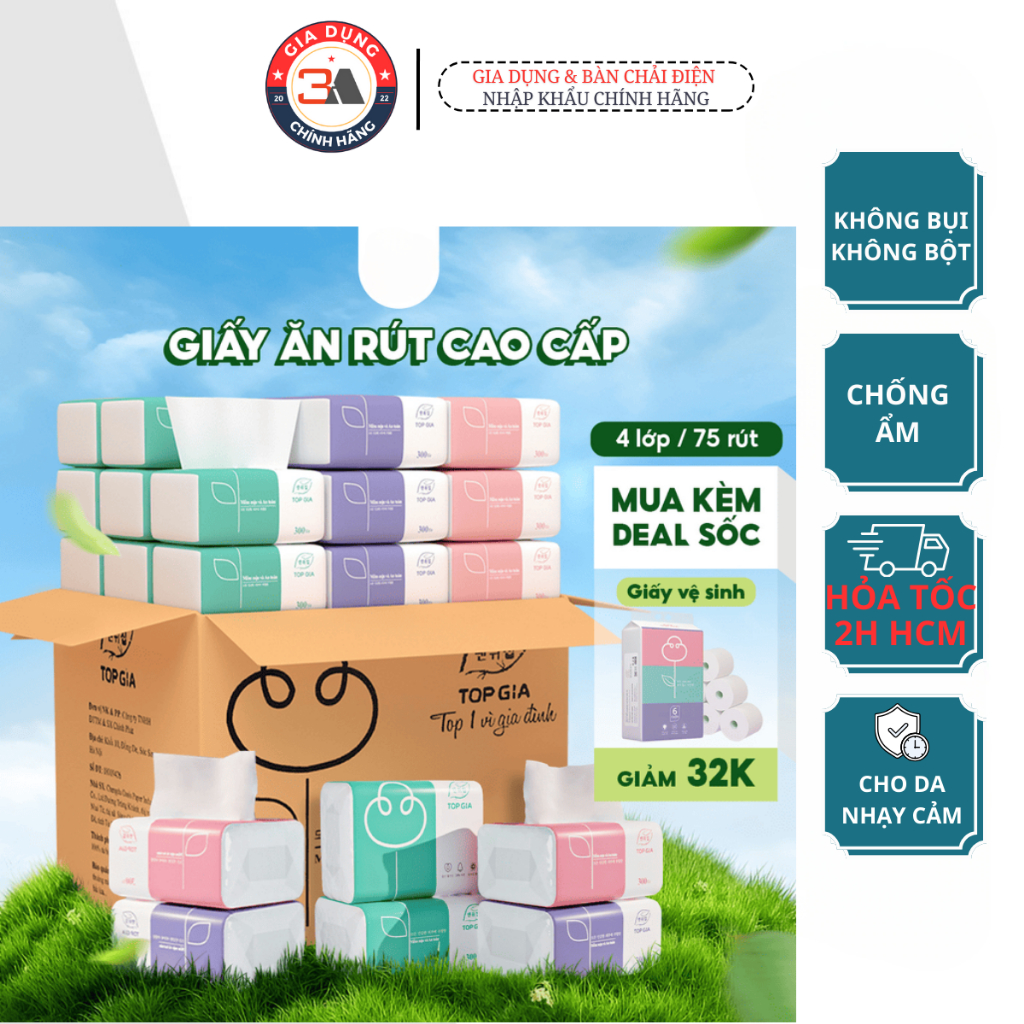 Khăn giấy ăn rút cao cấp Top Gia 3 màu, giấy rút cao cấp 300 tờ 4 lớp ...