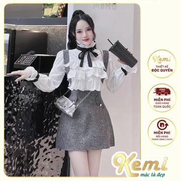Sét váy thiết kế áo sơ mi mix nơ xinh kèm váy mini Dạ Tweed mini dáng ngắn Kemi 3 màu, đầm dự tiệc sang chảnh