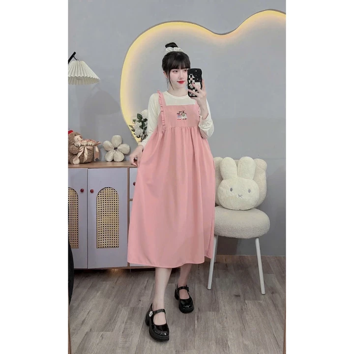 Váy bầu, đầm bầu giả yếm dài tay, đầm bầu thu đông hàng thiết kế thêu tinh xảo dáng dài TO75, mẹ bầu mặc đi làm đi chơi