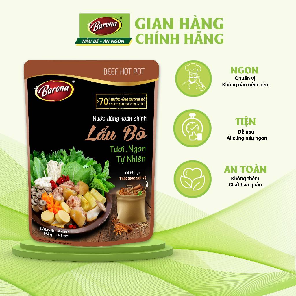 Nước Dùng Lẩu Bò Barona 164g tươi ngon chuẩn vị không cần nêm nếm