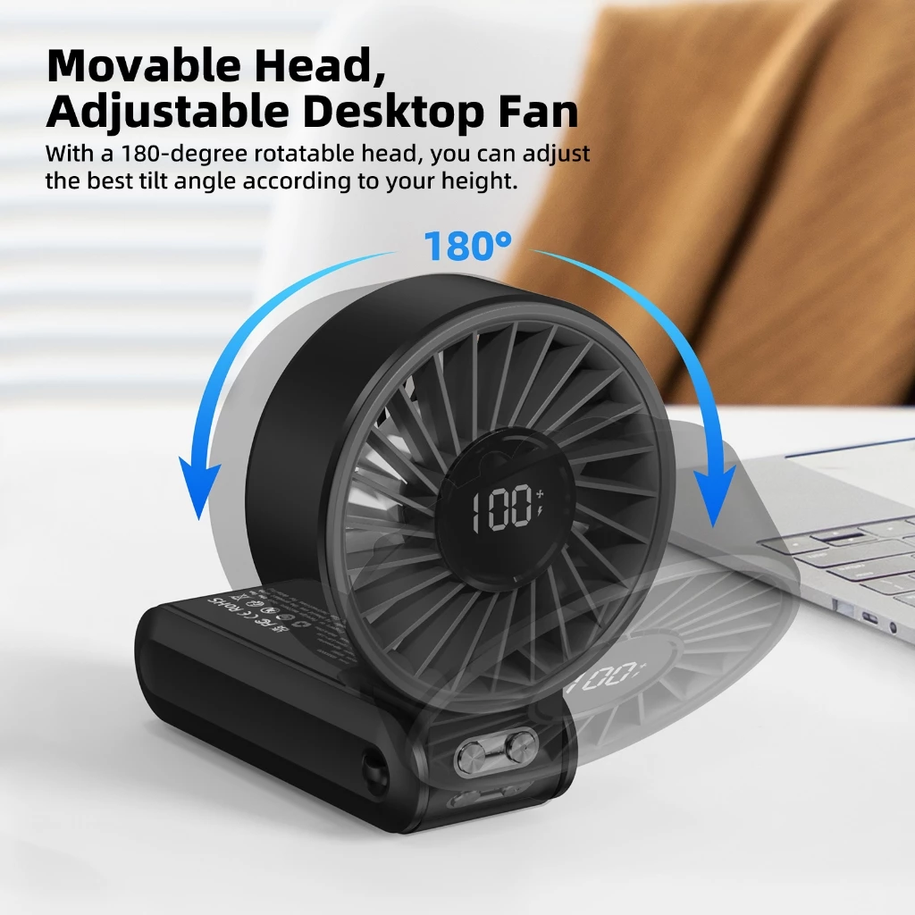 Quạt gấp 180° im lặng GOOJODOQ siêu gió điều chỉnh 100 cấp độ, mini quạt di động, màn hình nguồn LED